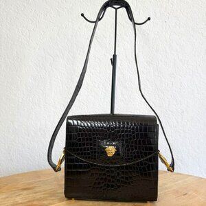 Rare Versace Black Croc-Embossed Leather Crossbody Bag